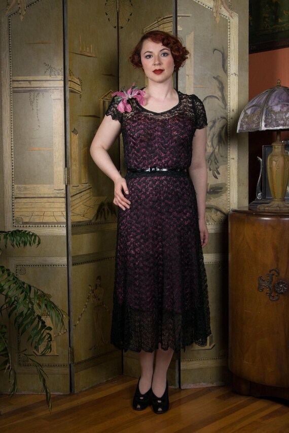 1940s Dress - Delicate and Ethereal Black Lace Ribbon Kit Dress