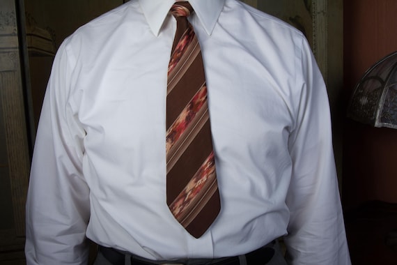Vintage 1930s Brocade Striped Tie in Lustrous Green Silk with Tan and Brown