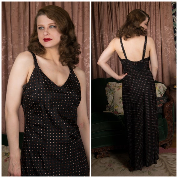 1930s Slip - Darling Early Celanese Acetate Bias Cut Black Slip with Screen Printed Pink Swiss Dots