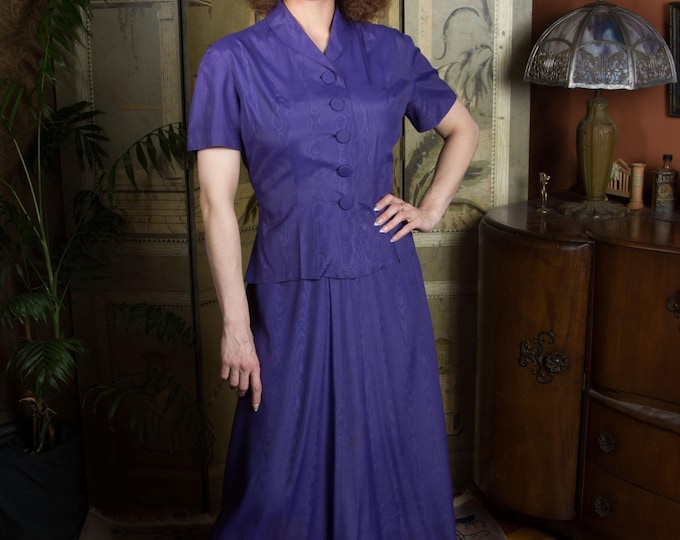 Vintage Early 1950s Rayon Purple Rayon Moiré  Skirt and Short Sleeve Peplum Blouse Set