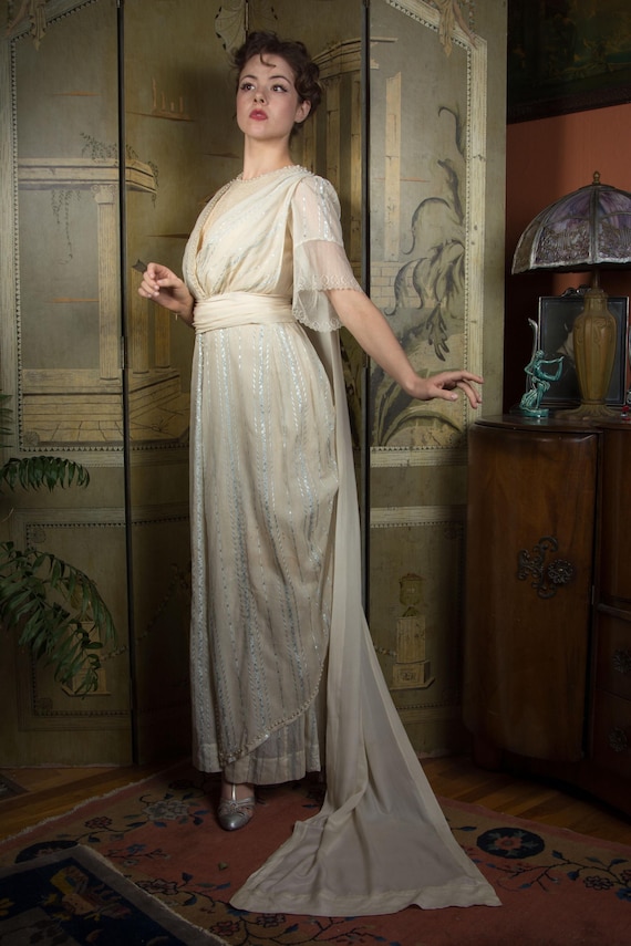 Vintage Edwardian Wedding Gown - c. 1911 Cotton and Silk Brocade Striped Gown with Watteau Train, Hollow Pearls, Mixed Laces