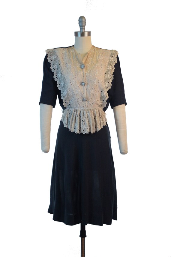 Vintage 1940s Dress - C. 40 Navy Blue Crepe Lace N