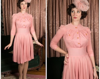 1930s Dress - Fantastic 1939/40 Cusp Dress with in Perfectly Pink Rayon Jersey with Bakelite Buttons Laura Lee Original Junior FOGA