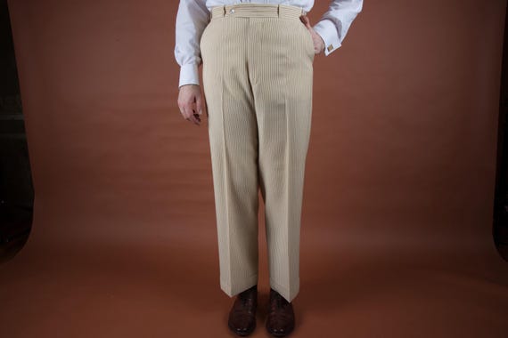 Vintage 1920s 30s Woven Wool Button Fly Striped Summer Pants in Ivory with Brown Pinstripe and Adjustable Side Buckles
