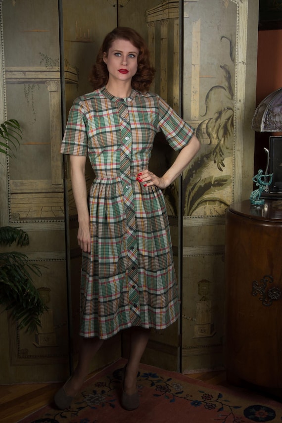 1950s Dress - Authentic Madras Plaid Vintage 50s Shirtwaist Day Dress