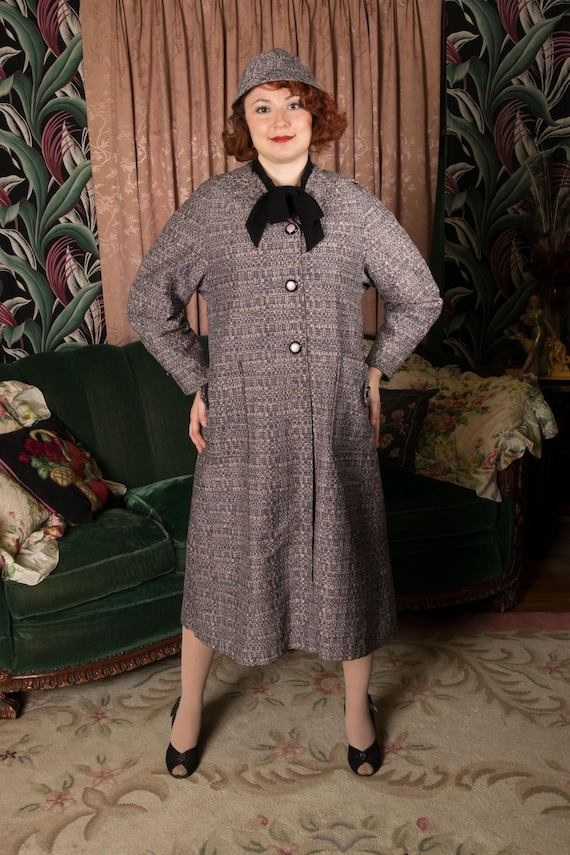 1950s Coat - Perky Vintage 50s Spring Weight Overcoat in Pink and Grey Tweed with Matching Brimmed Cap
