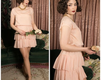 1920s Dress - Pretty Pink Silk 20s Day Dress with Drop Waist and Silk Ribbon Ruffles