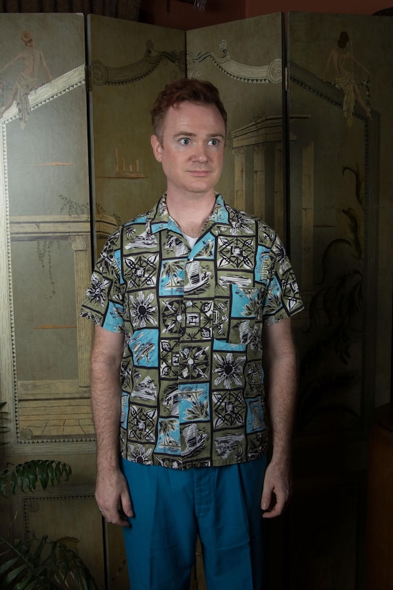 Vintage 1950s BUD BERMA Cotton Aloha Shirt "Luau Hawaiian Festival" Turquoise and Olive Novelty Print