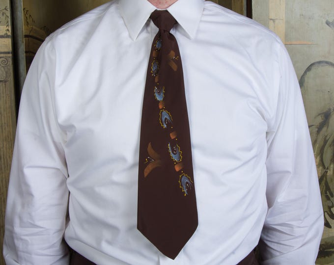 Vintage 1940s Hand Painted Towncraft Deluxe Necktie in Deep Brown with Blue, Yellow and Orange