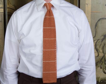 Vintage 1960s Machine Knit Clay Colored Square Bottom Tie with White Stripes