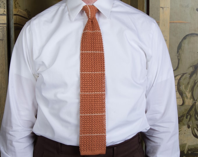 Vintage 1960s Machine Knit Clay Colored Square Bottom Tie with White Stripes