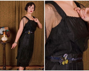 TAG SALE Edwardian Dress - Late 1910s Gothic Silk and Silk Net Dress with Sequined Waist Sash Volup