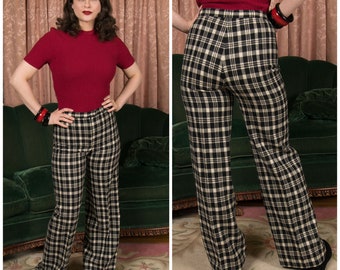 1970s Pants - Cute Late 60s/Early 70s Flared Leg Wool Plaid Pants with Dropped Waist in Black and Ivory