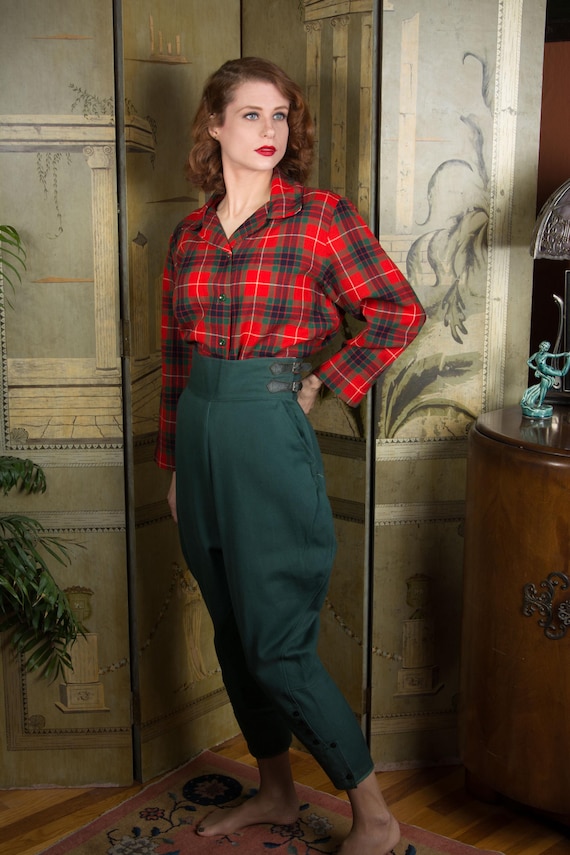 1940s Riding Pants - Vintage 40s Forest Green Jodhpurs with Button Calves and Side Buckles
