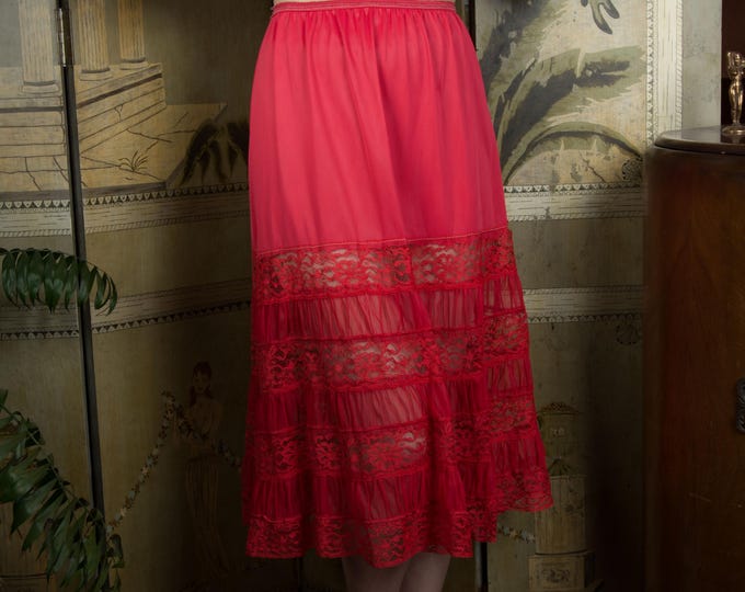 1950s Slip - Fantastic Vintage 50s Greenco Maid Red Sheer Nylon and Lace Petticoat