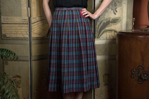 1950s Skirt - Koret of California Purple and Blue Plaid Pleated Wool Sportswear Skirt