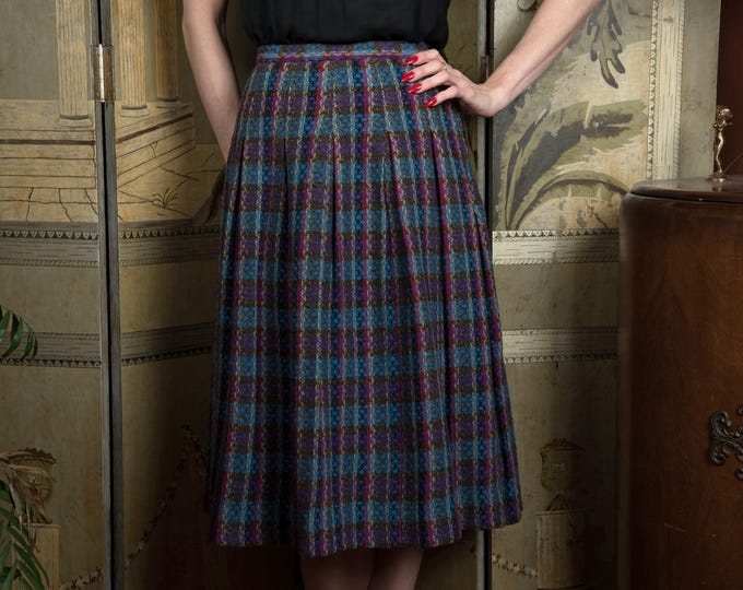 1950s Skirt - Koret of California Purple and Blue Plaid Pleated Wool Sportswear Skirt