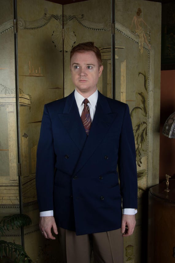 Vintage Late 40s to Early 50s Cusp Peaked Lapel Double Breasted Suit Jacket in Navy Herringbone Size 41