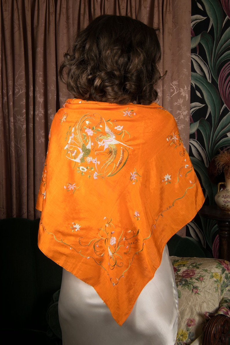 Antique Scarf Gorgeous Vintage 20s Chinese Silk Scarf with Vibrant Orange with Pastel Bird and Floral Embroidery image 4