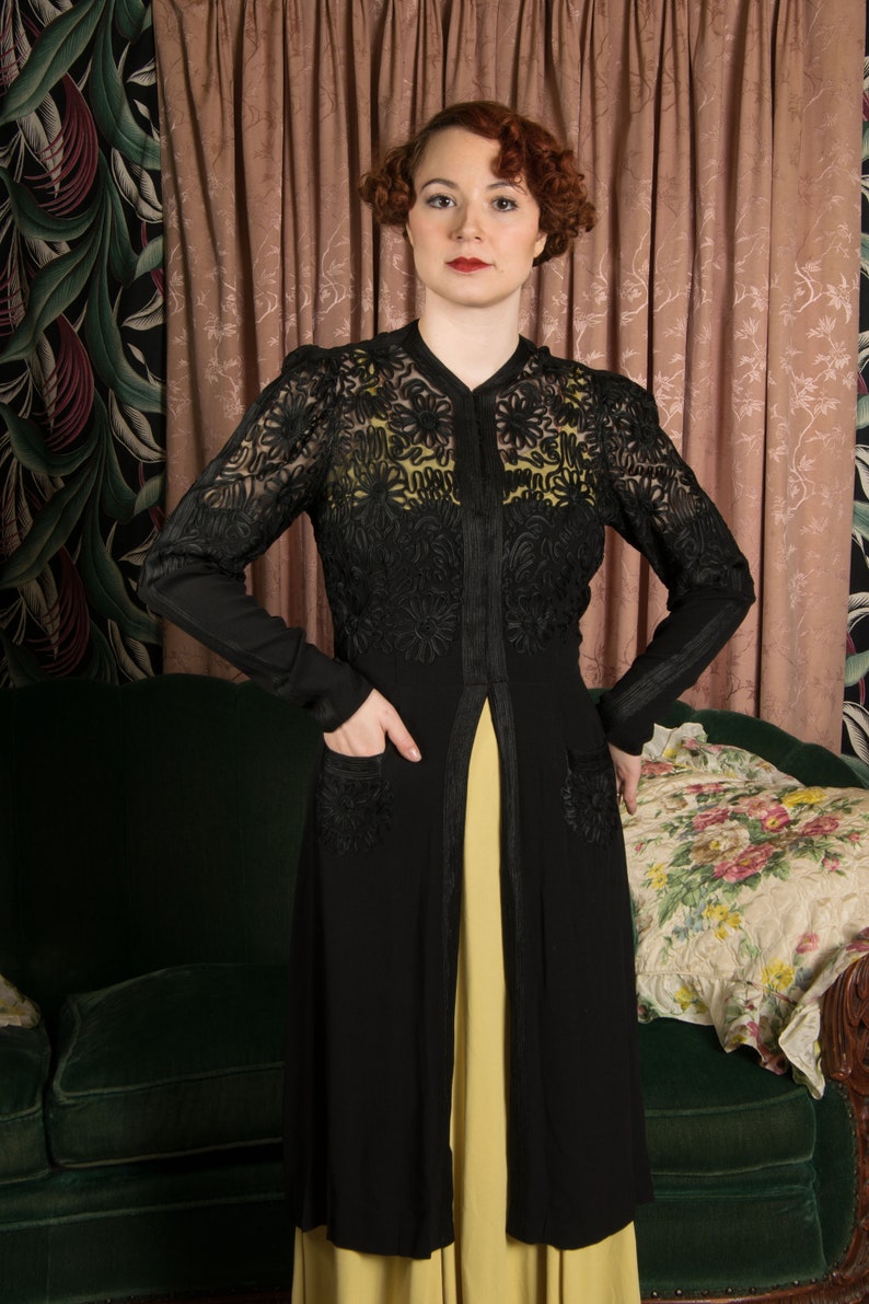 1930s Redingote Exquisite Mid to Late 1930s Vintage Evening Jacket Overdress in Lustrous Soutache Tape on Black Net and Rayon Crepe image 4