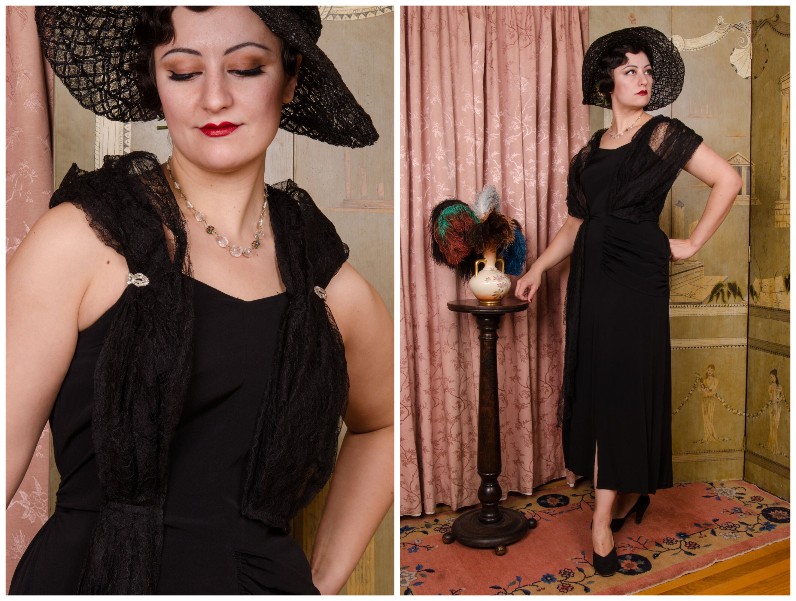 TAG SALE 1940s Dress - Bewitching Vintage 40s Black Rayon Crepe Evening Gown  with Lace Drape Attachment
