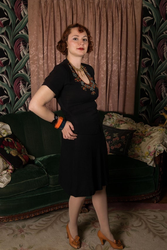 1930s Dress - Eyecatching Black Rayon Late 30s/Early 40s Cusp Cocktail Dress with Blue and Coral Beading in a Golden Soutache Neckline