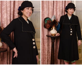 1930s Coat - Gorgeous Vintage Late 20s, Early 30s Stunning Art Deco Black Wool Coat with Pintucks and Bold Flannel Lining