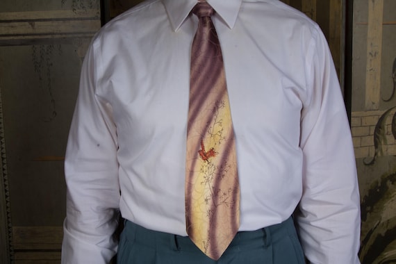 Vintage 1940s Killer Spiderweb Brocade with Hand Painted Cardinal Bird Rare Wide Novelty Print Necktie