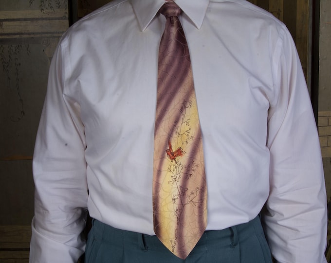 Vintage 1940s Killer Spiderweb Brocade with Hand Painted Cardinal Bird Rare Wide Novelty Print Necktie