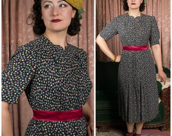 1930s Dress - Late 1930s Cold Rayon Dot Floral Print Dress in Navy with Puffed Sleeves