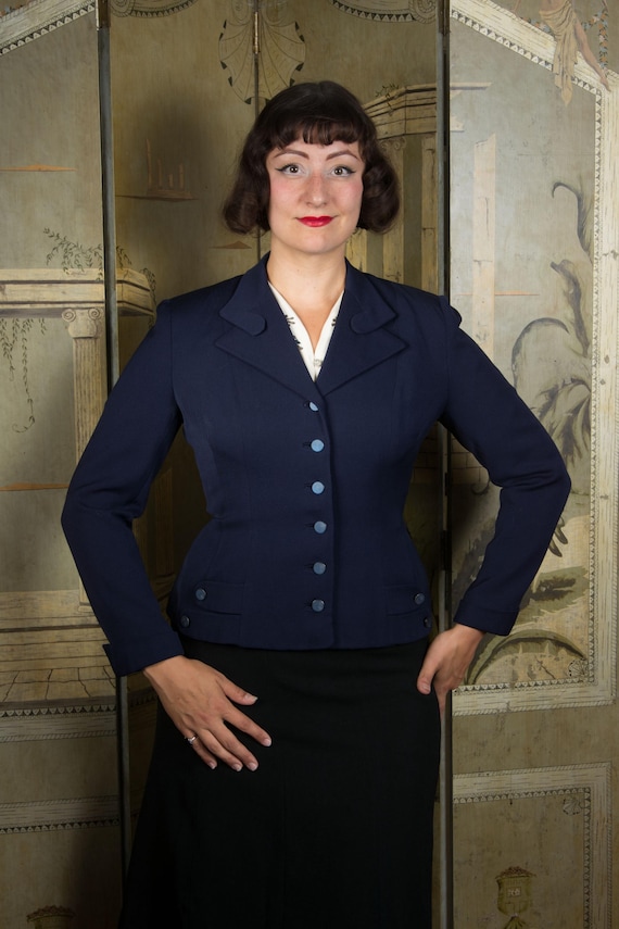 1950s Jacket - Vintage 50s Bon Marche Tailored Wool Gabardine Jacket in Navy Blue with WAVES Inspired Collar
