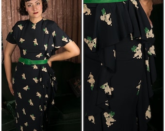 1940s Dress - Rare Peggy Hunt Novelty Poodle Print Day Dress in Navy with Asymmetric Draped Sleeve and Ruffles