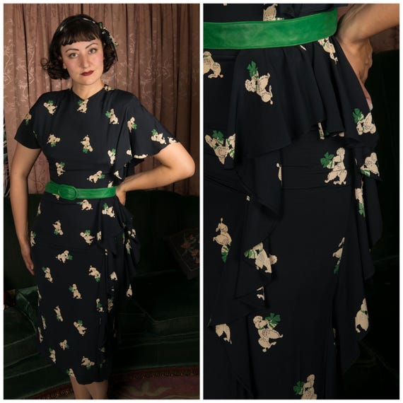 1940s Dress - Rare Peggy Hunt Novelty Poodle Print Day Dress in Navy with Asymmetric Draped Sleeve and Ruffles
