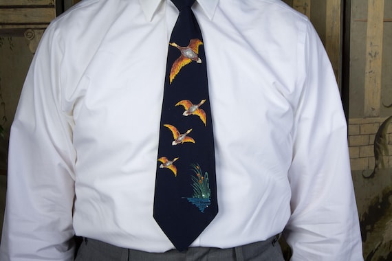 Vintage 1940s 50s Hand Painted Necktie Tie with Flying Ducks Sportsman Hunting Theme by Penney's Towncraft
