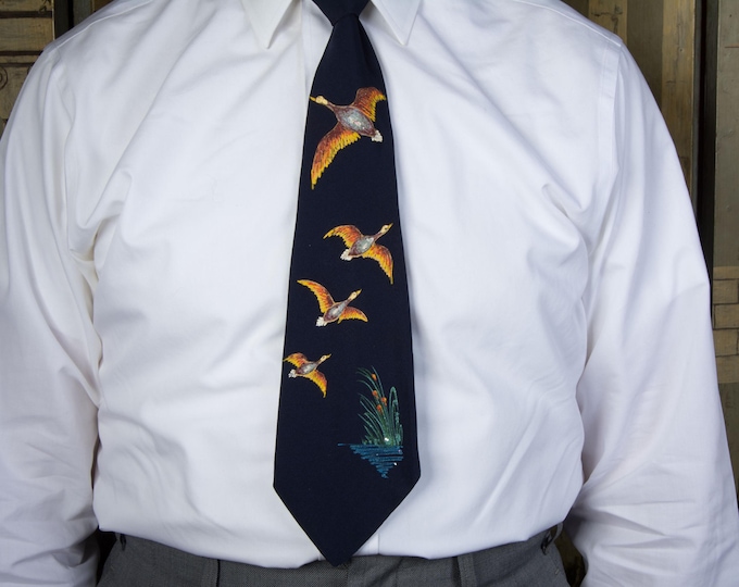 Vintage 1940s 50s Hand Painted Necktie Tie with Flying Ducks Sportsman Hunting Theme by Penney's Towncraft