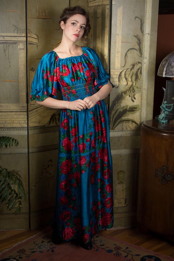 1970s Dress - Vintage 70s Bold Rose Print Scarf Dress with Shirred Elastic Waist