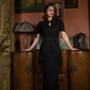 1930s Dress Set- Exquisite and High Quality Late 30s Full Length Gown and Matching Beaded Peplum Jacket in Jet Black