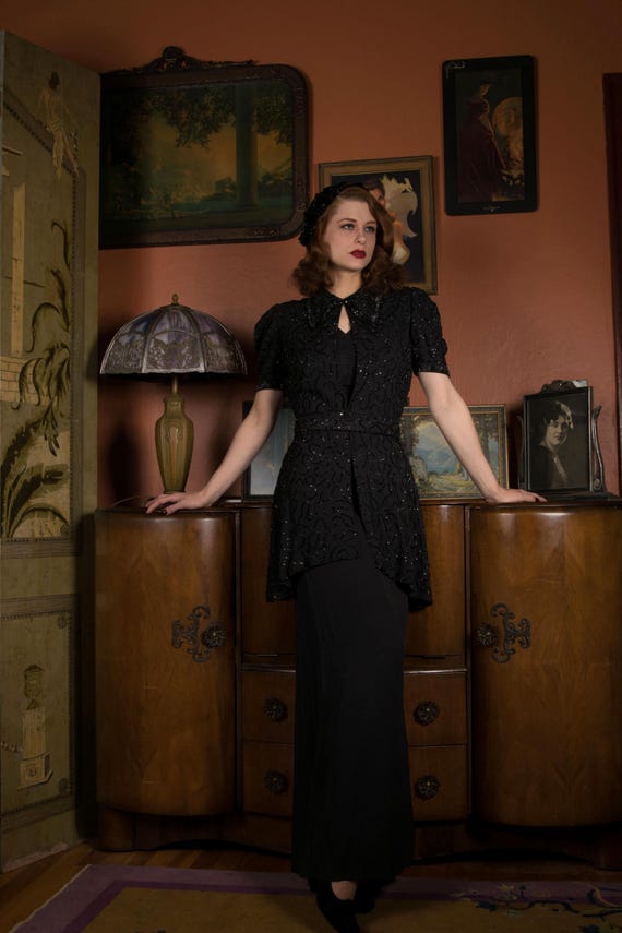 1930s Dress Set- Exquisite and High Quality Late 30s Full Length Gown and Matching Beaded Peplum Jacket in Jet Black