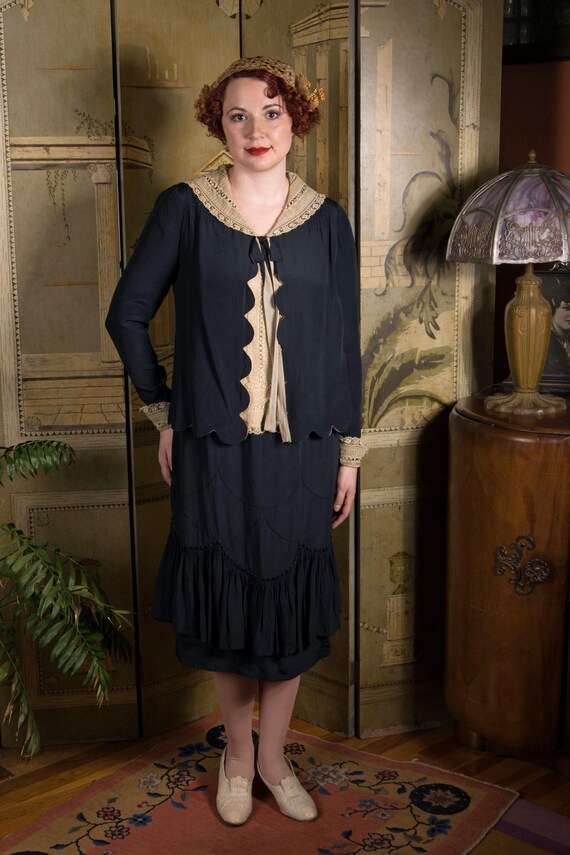 1920s Dress - Winsome Midnight Blue Silk Crepe De Chine Authentic Vintage 20s Dress with Scalloped Details and Net Lace