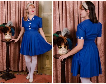 1940s Playsuit - Darling WWII Era Homemade Patriotic Romper Playsuit Set in Royal Blue with Frayed White Stars