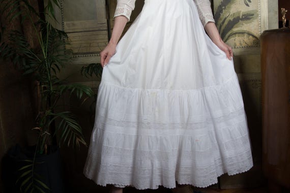 Authentic 1900s Edwardian White Cotton Petticoat Full Skirt with Pintucks and Lace