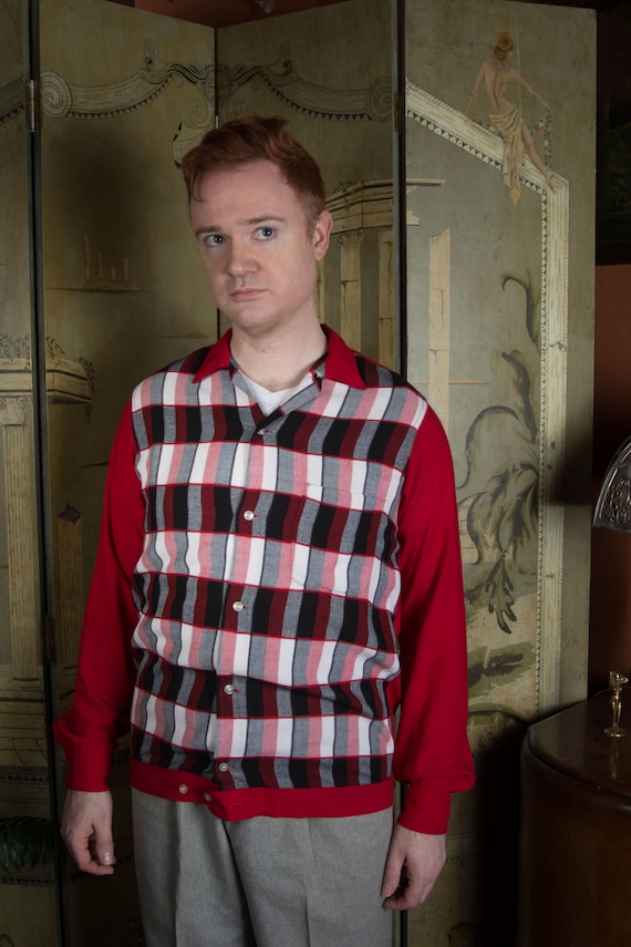 Vintage 1950s TALL Amberley Rockabilly Panel Shirt in Soft Red Rayon and Rayon Flannel Plaid