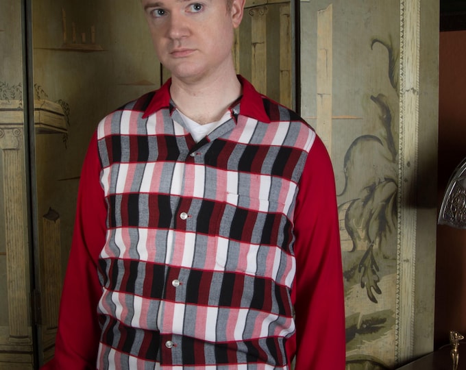 Vintage 1950s TALL Amberley Rockabilly Panel Shirt in Soft Red Rayon and Rayon Flannel Plaid