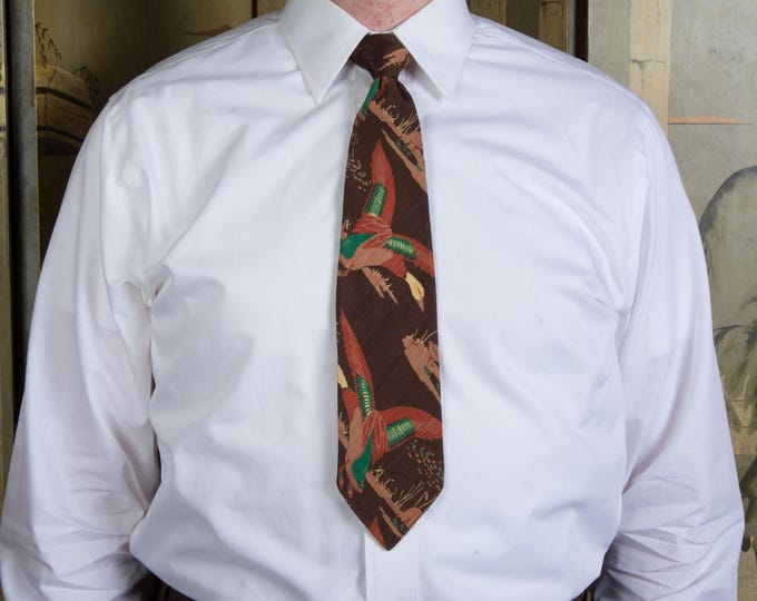 Vintage 1940s American Game Birds Mallard Duck Themed Necktie in Brown Silk Moire by Cheney Cravats