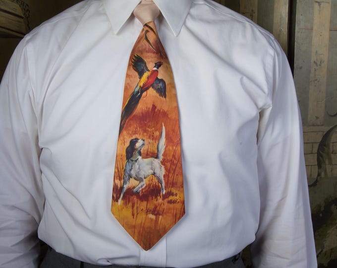 Vintage 1940s Richly Colored Master Prints by Arco Wide Necktie with Springer Spaniel Flushing Pheasants