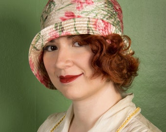 1920s Hat - Gorgeous 20s Printed Silk Cloche with Lustrous Watercolor Floral and Concentric Top Stitching.