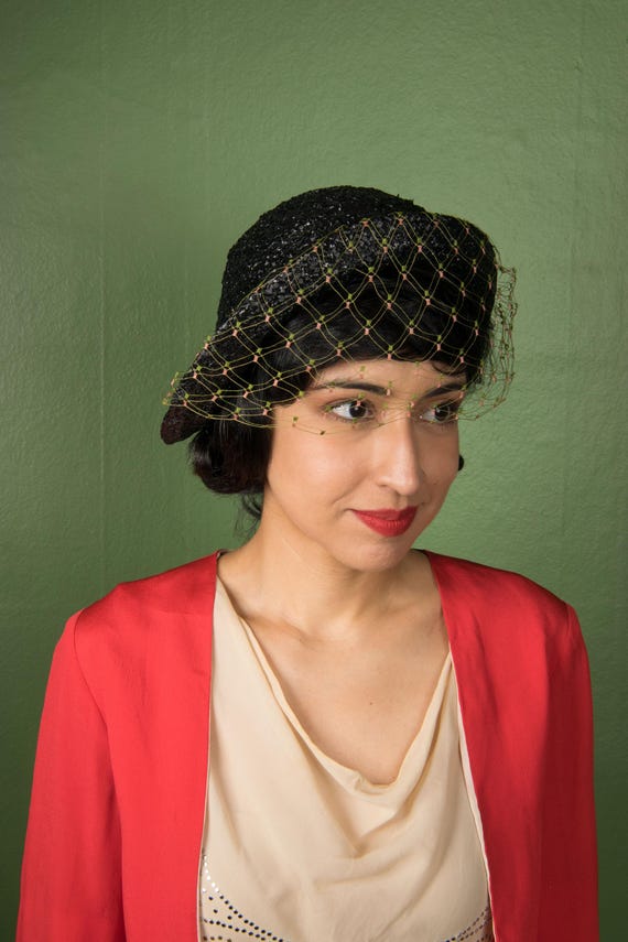 1940s Hat  - Transitional Vintage 30s Cloche in Glittering Black Cellophane Straw with Multicolored Pink and Green Veil