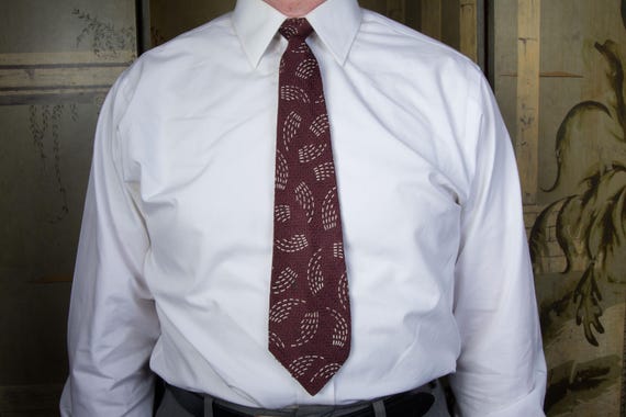 Vintage 1920s Brocade Tie in Deep Burgundy with White Screen Print