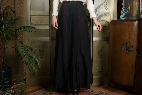Antique 1910s Edwardian Cotton Skirt in Semi-Sheer Black Cotton with Button Accents