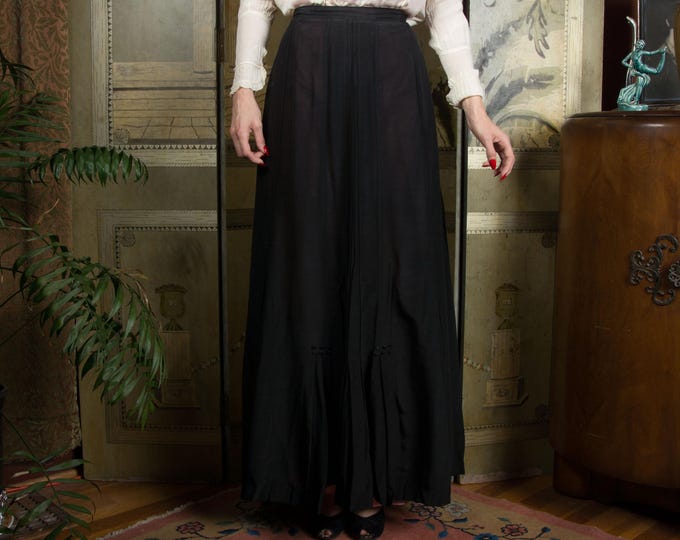 Antique 1910s Edwardian Cotton Skirt in Semi-Sheer Black Cotton with Button Accents